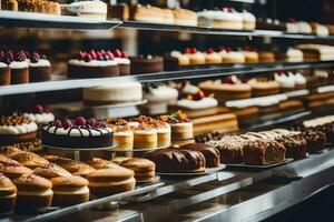 many different types of cakes are on display in a bakery. AI-Generated photo