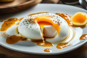 an egg on a plate with sauce and a spoon. AI-Generated photo