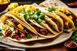 tacos with meat, pineapple and cilantro on a plate. AI-Generated photo