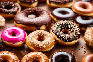 a large group of donuts with different colors and toppings. AI-Generated photo