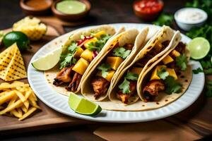 Tres tacos con pollo, mango y piña en un lámina. generado por ai foto