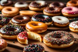 a variety of donuts are arranged on a wooden table. AI-Generated photo