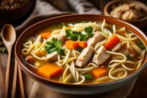 chicken noodle soup with vegetables and carrots in a bowl. AI-Generated photo