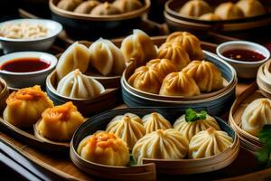 a variety of dumplings are arranged on a tray. AI-Generated photo