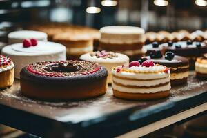 many different types of cakes are on display in a bakery. AI-Generated photo