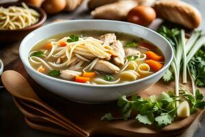 chicken noodle soup with vegetables and noodles. AI-Generated photo