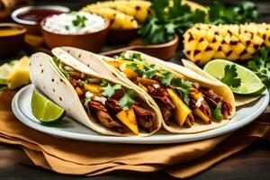 three tacos with meat and pineapple on a plate. AI-Generated photo