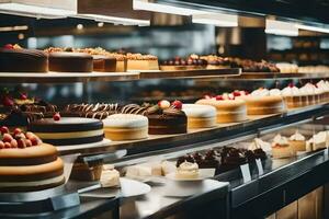 many different types of cakes are on display in a bakery. AI-Generated photo