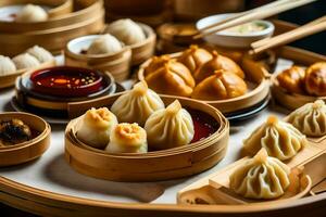 a variety of dumplings and other food in bamboo baskets. AI-Generated photo