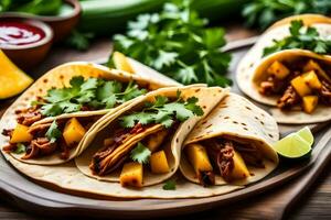 three tacos with meat and vegetables on a wooden cutting board. AI-Generated photo