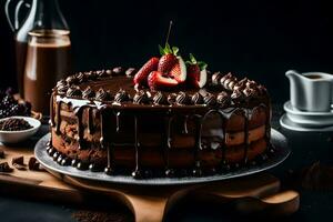 chocolate cake with strawberries and chocolate drizzle on a wooden table. AI-Generated photo