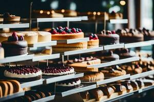 many different types of cakes are on display in a bakery. AI-Generated photo