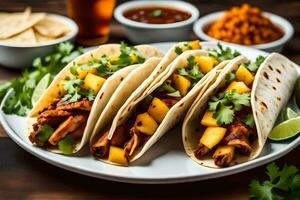 three tacos with chicken, mango and cilantro. AI-Generated photo