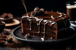 a piece of chocolate cake is being drizzled with chocolate. AI-Generated photo