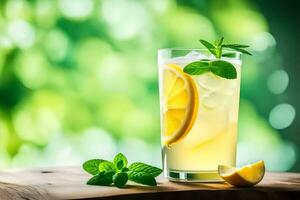 lemonade with mint leaves and lemon slices on a wooden table. AI-Generated photo