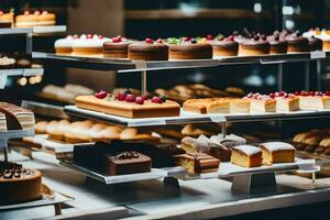 a bakery display with many different types of cakes. AI-Generated photo