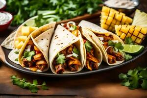 tacos with pineapple, cilantro and lime. AI-Generated photo