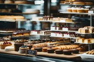 a bakery display with many different types of pastries. AI-Generated photo