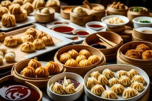many different types of dumplings are on a table. AI-Generated photo