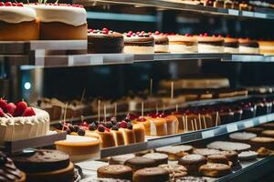 a display of cakes in a bakery. AI-Generated photo