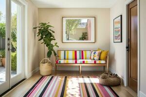 Bright Striped Entryway Area with Danish Design Aesthetics. AI Generated photo