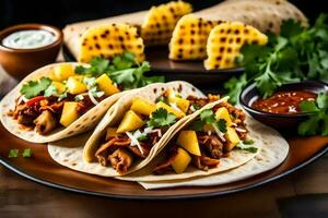 three tacos with pineapple, chicken and cilantro. AI-Generated photo