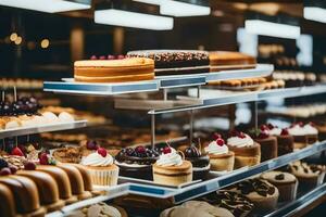 many different types of cakes are on display in a bakery. AI-Generated photo