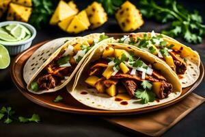 mexican food with pineapple and meat tacos on a plate. AI-Generated photo