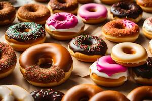 a bunch of donuts are arranged on a table. AI-Generated photo