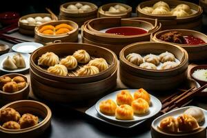 a variety of dumplings in bamboo baskets. AI-Generated photo