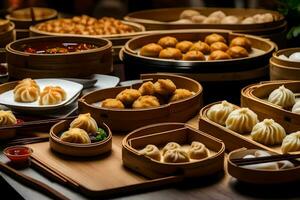 many different types of dumplings are on a table. AI-Generated photo