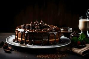 a chocolate cake with chocolate frosting and chocolate drizzle. AI-Generated photo