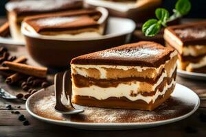 a slice of tiramisu on a plate with coffee beans. AI-Generated photo