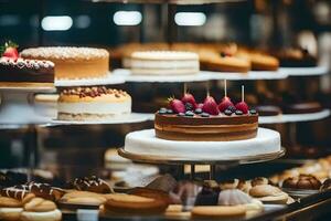 a display case with cakes and other desserts. AI-Generated photo