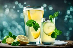 lemonade in a glass and a glass with lemons. AI-Generated photo
