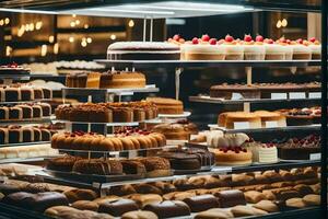 a display case filled with cakes and pastries. AI-Generated photo