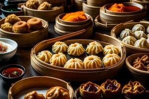 a table filled with various types of dumplings. AI-Generated photo