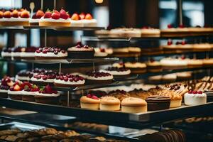 many different types of cakes are on display in a bakery. AI-Generated photo