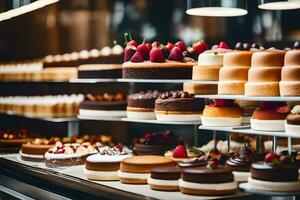 many different types of cakes are on display in a bakery. AI-Generated photo