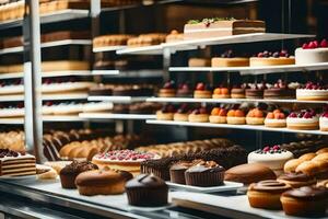 many different types of cakes are on display in a bakery. AI-Generated photo