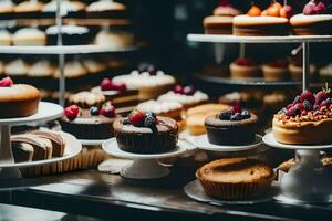 many different types of cakes are on display in a bakery. AI-Generated photo