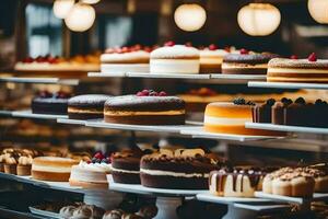 many different types of cakes are on display in a bakery. AI-Generated photo