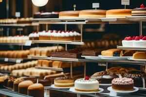 many different types of cakes are on display in a bakery. AI-Generated photo