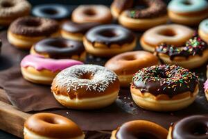 un grande grupo de rosquillas en un mesa. generado por ai foto