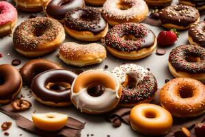 un manojo de rosquillas con chocolate y asperja. generado por ai foto