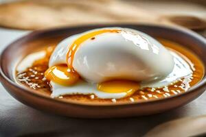 an egg is sitting on top of a bowl of sauce. AI-Generated photo