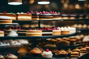 many different types of cakes are displayed on a shelf. AI-Generated photo