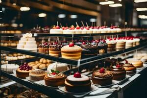 many different types of cakes are on display in a bakery. AI-Generated photo