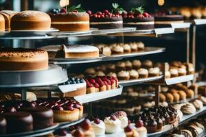 many different types of cakes are on display in a bakery. AI-Generated photo