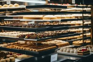 many different types of cakes are on display in a bakery. AI-Generated photo